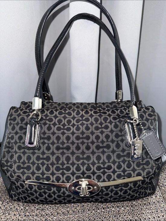 coach vintage Handbags - COACH Madison Needlepoint Op Art Grey/ Black Canvas Shoulder Bag #25215